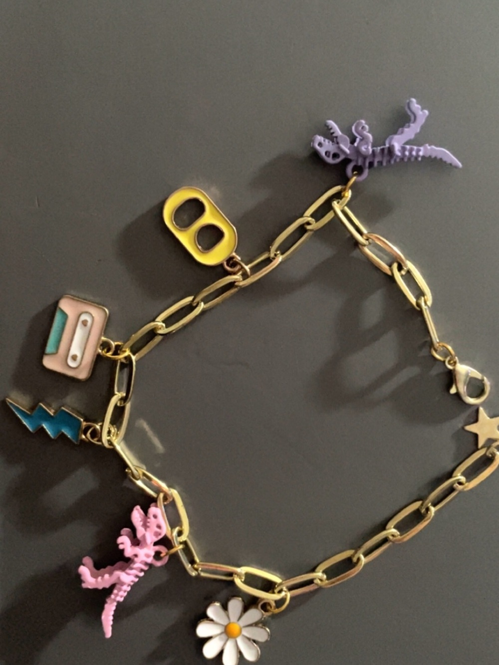 Gold Chain Kids Charm Bracelet with Multicolor Dinosaur, Daisy & Novelty Charms
